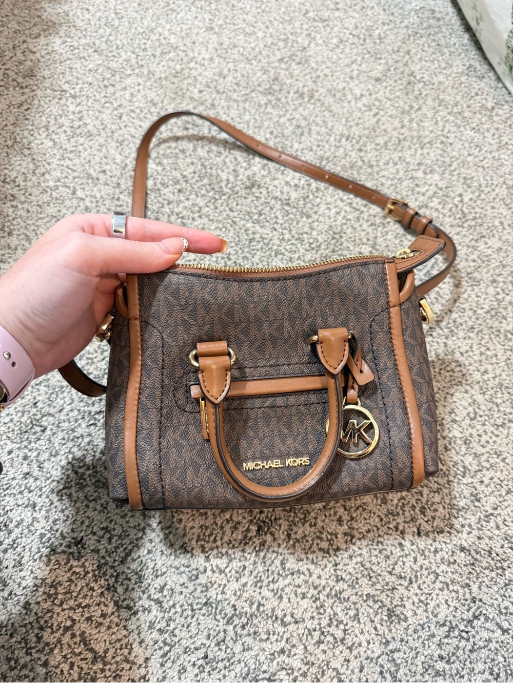 Michael Kors Brown Logo Crossbody Satchel with Gold Hardware